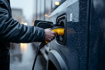 Truck driver charging EV, rain, city