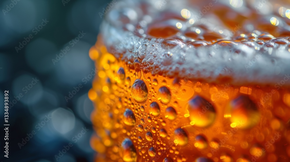 Poster refreshing beverage in a glass, showcasing condensation drops and frothy foam, with a blurred backgr