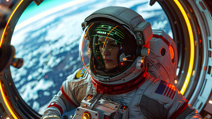 Professional space engineer floats in zero gravity while observing Earth from a spacecraft window during a mission in low Earth orbit