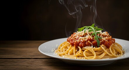 Fototapeta premium Spaghetti alla Amatriciana with tomatoes and pecorino cheese with copy space area