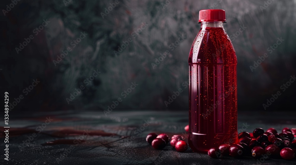 Poster refreshing cranberry juice in a transparent bottle alongside fresh cranberries, placed on a rustic d