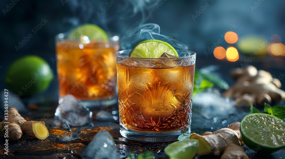 Poster refreshing ginger cocktail with lime and ice cubes, served on a dark table with light bokeh, generat