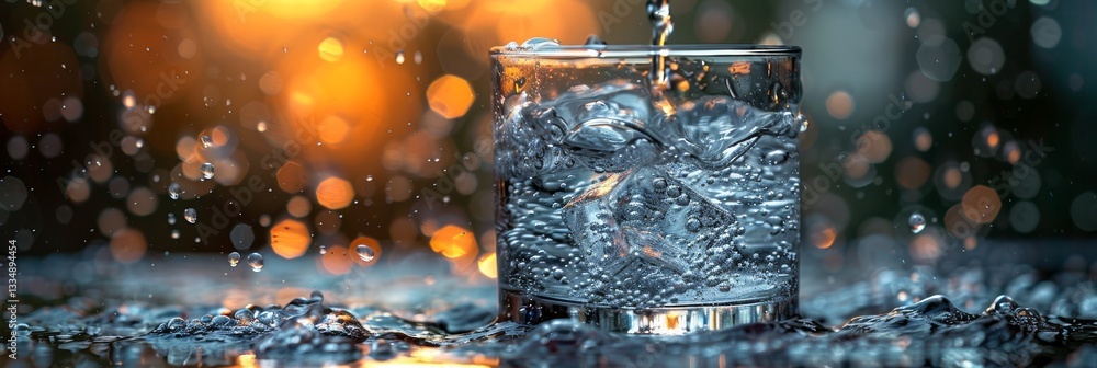 Poster refreshing hydration with sparkling water and ice cubes displayed in a glass against a radiant, boke