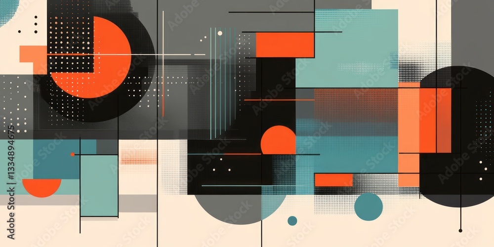 Poster abstract composition features overlapping geometric shapes and halftone effects