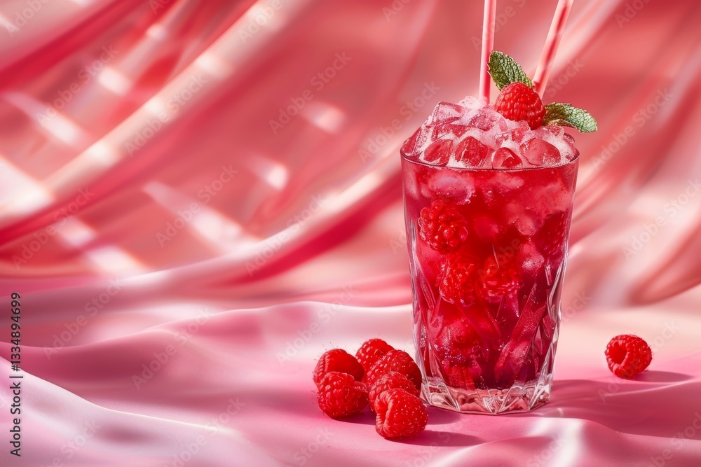 Poster refreshing iced raspberry drink with ice cubes and fresh mint leaves served in a glass on a soft pin