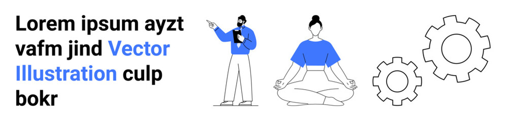 Business professional presenting data, individual meditating in lotus pose, two large gears. Ideal for work-life balance, teamwork, mindfulness, productivity, health, innovation simple landing page