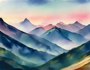 水彩画で描いた山脈の景色