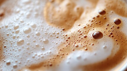 Close-up latte foam texture with bubbles in a coffee shop