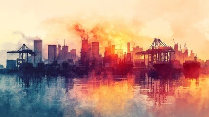 Fototapeta premium Watercolor illustration of a port city skyline with cargo ships and cranes reflected in water