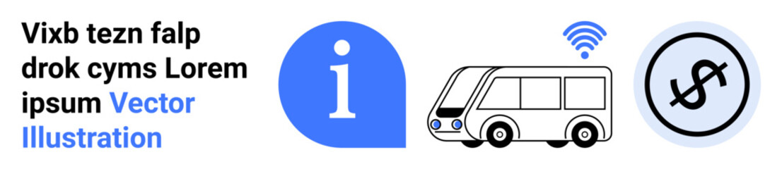 Information icon, a bus with wireless signal, and payment symbol representing technology, smart mobility, public transport, digital payment, connectivity, travel planning, simple landing page