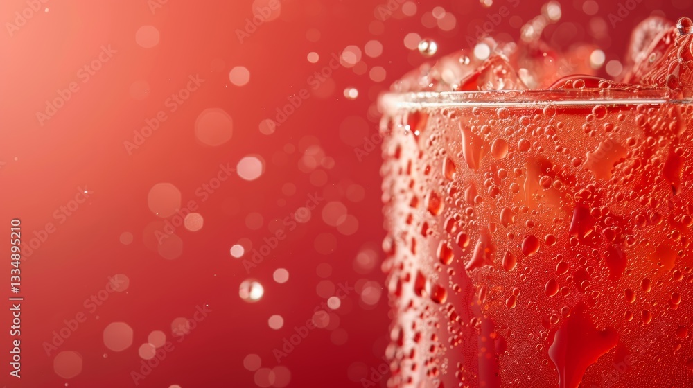 Poster refreshing red beverage with ice and water droplets on a glass against an isolated red background cr