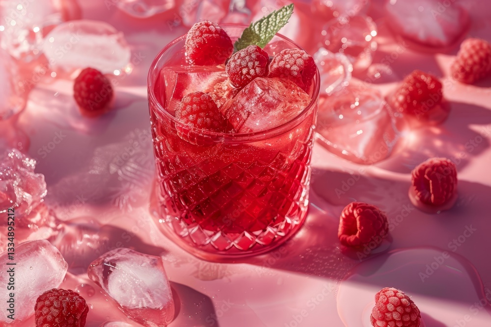 Poster refreshing raspberry beverage with ice and a sprig of mint on a pink background creating a bright su