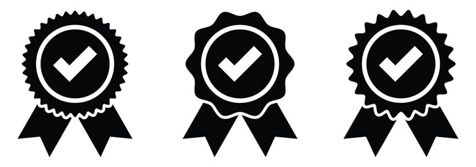 Approval check medal icon set. Certified medal. Quality Badge. Vector illustration eps 888.