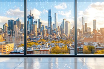 Cityscape view from inside a modern building with large windows