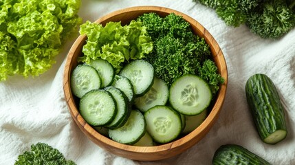 Fresh Salad Bowl: An overhead shot captures a rustic wooden bowl overflowing with fresh, vibrant salad ingredients, including crisp cucumber slices and leafy green vegetables. 