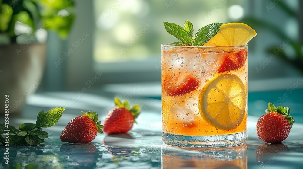 Poster refreshing summer beverage with sliced strawberries, lemon and mint served over ice on a reflective 