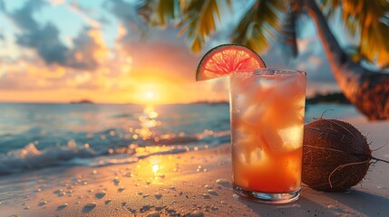 Refreshing tropical drink on a sandy beach at sunset, with a coconut and palm trees in the background creating a peaceful paradise scene