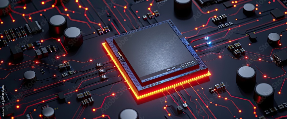 Poster a cutting-edge server featuring a printed circuit board, handling advanced code processing. the scen
