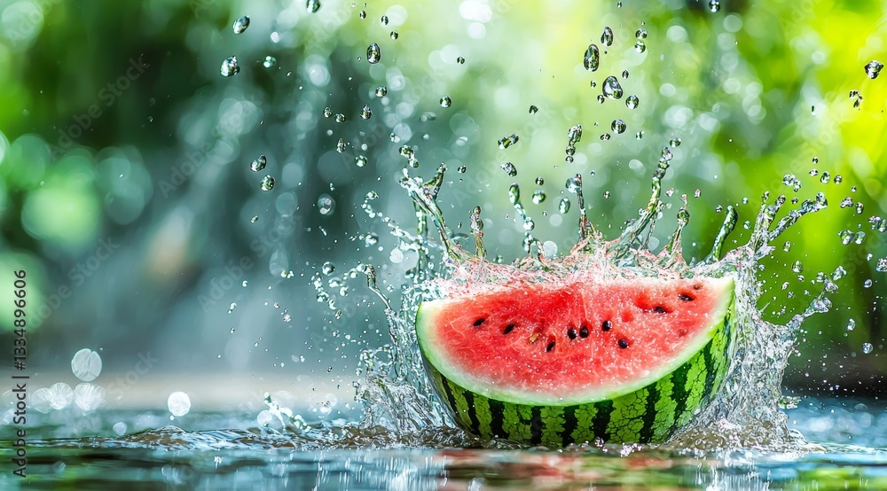 Poster refreshing watermelon splash: a vibrant image of summer refreshment with a juicy slice creating an e