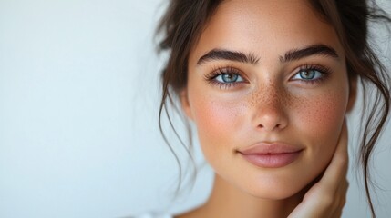 Naklejka premium Beauty Unveiled: A close-up shot capturing the radiant beauty of a woman with captivating blue eyes and a gentle smile. This portrait celebrates natural allure and invites a sense of serenity.