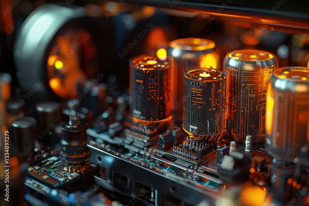 Aufkleber detailed view of a futuristic circuit board with glowing components, illustrating advanced technolog
