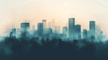 Fototapeta premium Watercolor illustration of a city skyline shrouded in fog with tall buildings. 