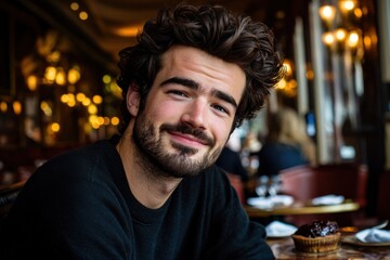 Obraz premium Charming portrait of a stylish young man with a beard, enjoying a delicious cupcake in a cozy cafe, surrounded by warm lighting and an inviting ambiance.