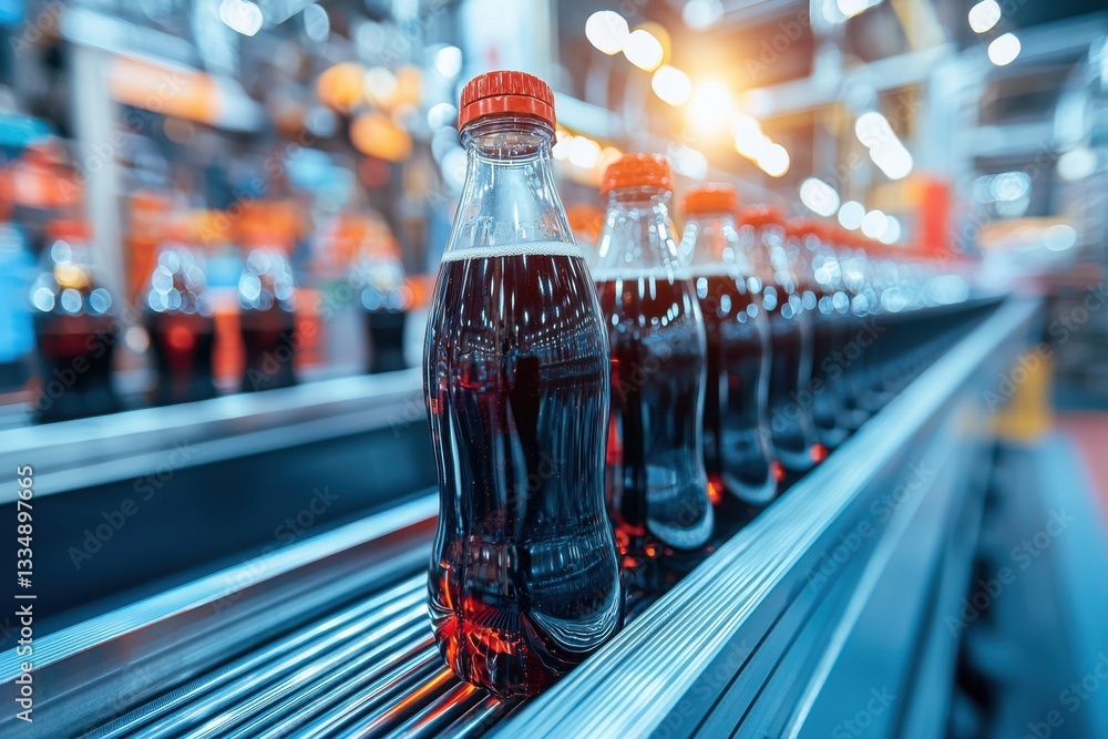 Poster rows of glass soda bottles with red caps on a conveyor belt in a bottling plant, ready for distribut