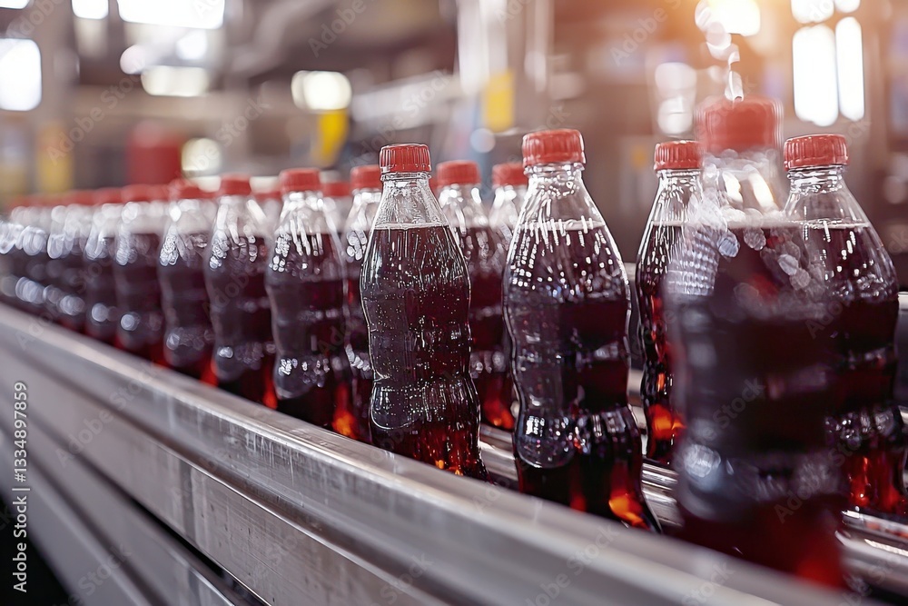 Poster rows of freshly bottled soda beverages with red caps move along an automated conveyor line in a manu