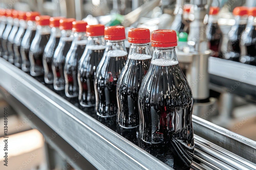 Poster bottles filled with dark soda, capped with red, align on the production line conveyor, ready for shi