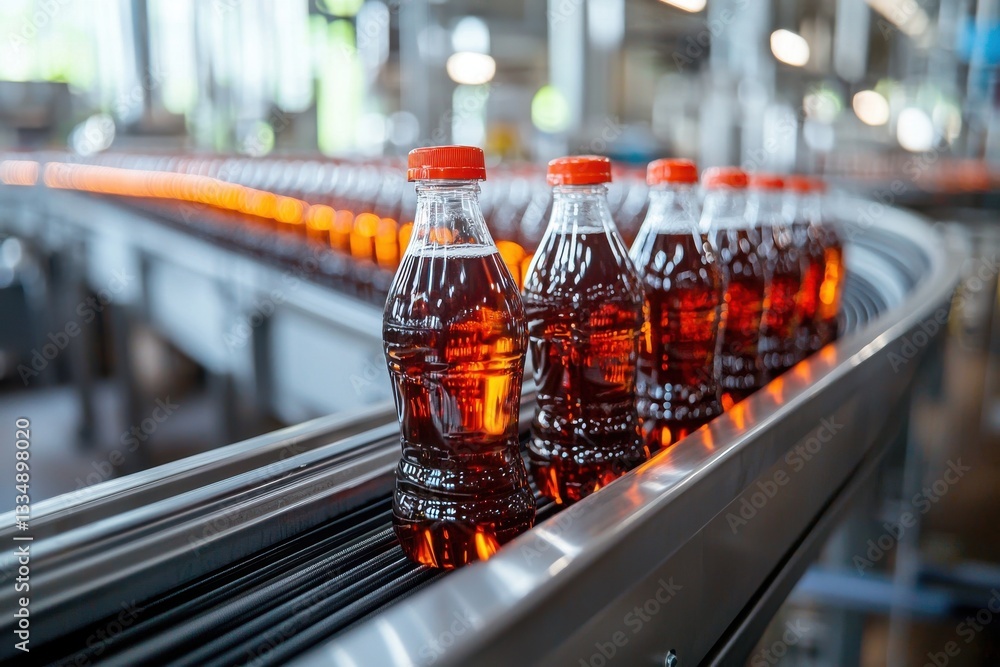 Poster bottles of dark soda with red caps move down a conveyor belt in a modern bottling factory, showing a