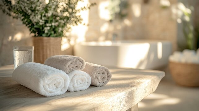 Serene Spa: Softly rolled towels on a wooden surface, accompanied by natural decor, set the tone for a relaxing spa environment. The scene is bathed in warm light, evoking tranquility and pampering.