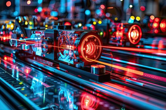 In quantum lab B, the laser beam bounces off the optic table, highlighting the precision of the equipment