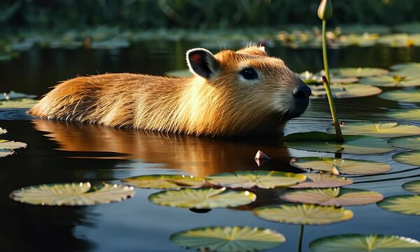 A capybara swimming among lily pads in a serene pond setting.