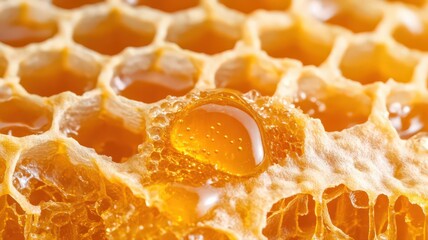 Golden Honeycomb with Honey Droplets Close-Up