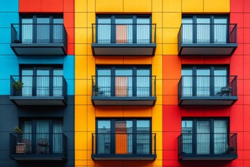 Fototapeta premium Geometric colorful apartment building facade with vibrant balconies