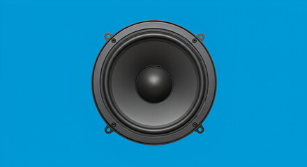 Black loudspeaker with circular cone and sleek design isolated on blue  background.compact, loudspeaker