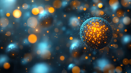 Abstract digital artwork features a glowing sphere. The sphere has orange lights on a textured blue surface, surrounded by bokeh effects.