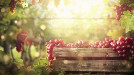 Rustic wooden crate overflowing with ripe grapes nestled among lush vines in a sun-drenched vineyard, promising a bountiful harvest