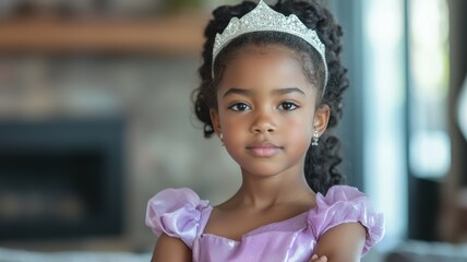 A Black girl in a princess outfit stands at home with her arms crossed