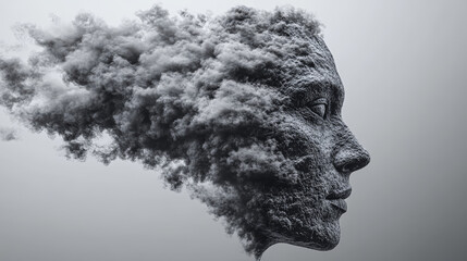 A profile view of a person's face transforming into clouds, rendered in grayscale. 