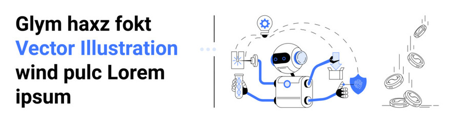 AI robot handling multitasking tools, data, coins, and analytics with shield indicating data security. Ideal for tech innovation, automation, efficiency, data insight, AI cybersecurity simple