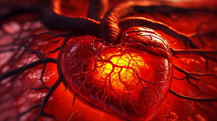 A detailed, textured heart with branching veins glows with an internal, passionate light.