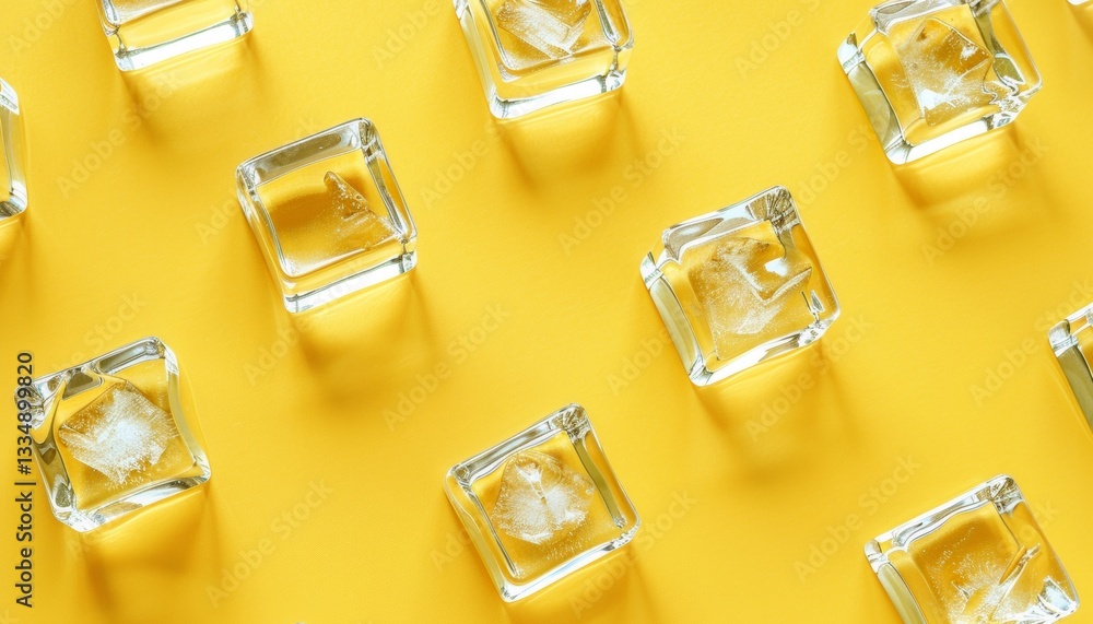 Aufkleber scattered arrangement of transparent ice cubes casting soft shadows on a vibrant yellow surface, cre