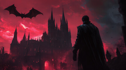 A vampire standing in front of a gothic castle with a full moon in the background