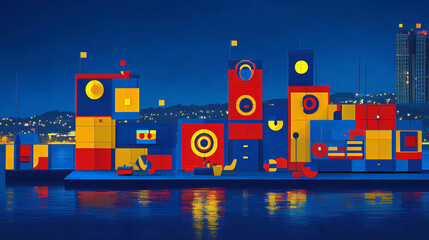 The image is a colorful, abstract cityscape at night. It features geometric shapes like squares and circles in primary colors against a dark blue backdrop, seemingly uploaded as an illustrative photo.