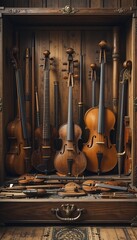 Naklejka premium Antique String Instruments Inside Wooden Cabinet a Symphony of Musical History