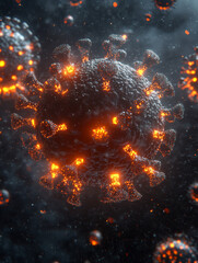 Stylized coronavirus illustration with a dark gray base and bright orange spikes and glowing patches.