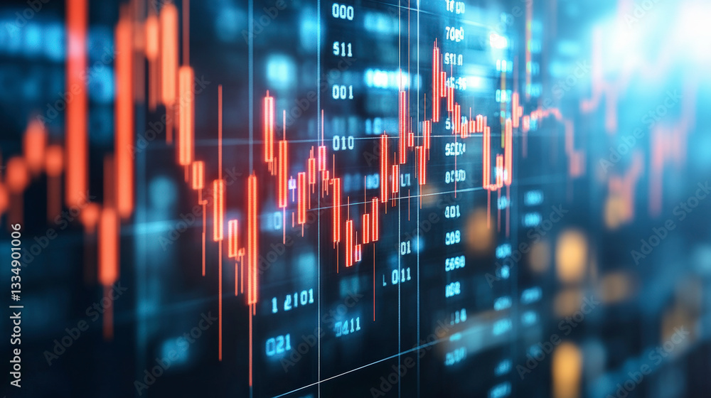 Aufkleber digital stock market display with glowing red and blue trading bar graphs overlaid with binary code 