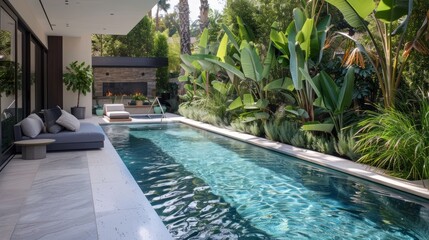 Serene and luxurious backyard retreat featuring a long swimming pool reflecting sunlight, surrounded by lush tropical plants, with a modern fireplace and comfortable lounge seating area